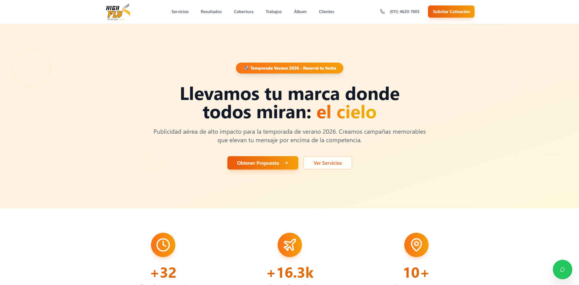 Highfly aerial advertising agency homepage showing sky marketing campaigns and services