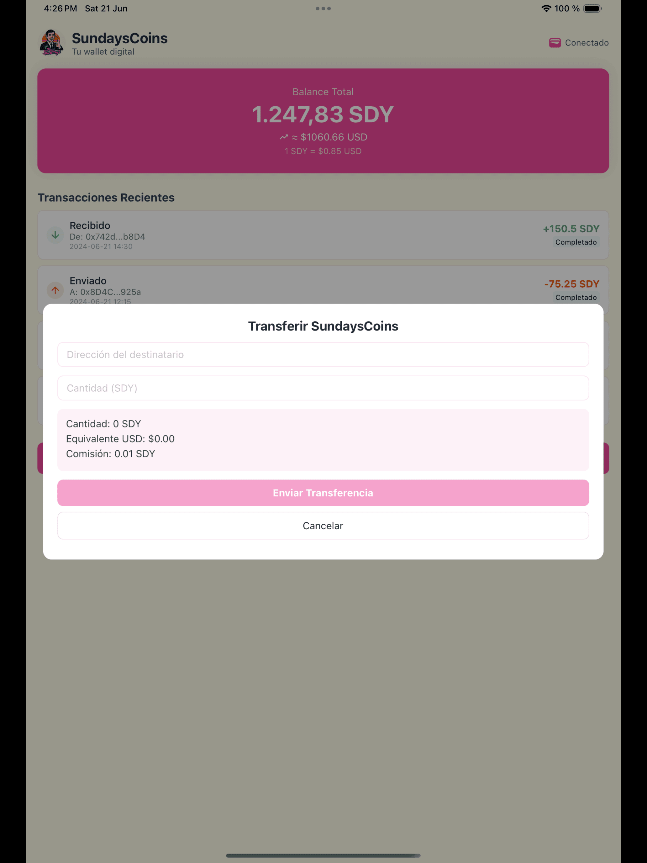 Paul Sundays Wallet app transfer screen showing SundaysCoins transactions