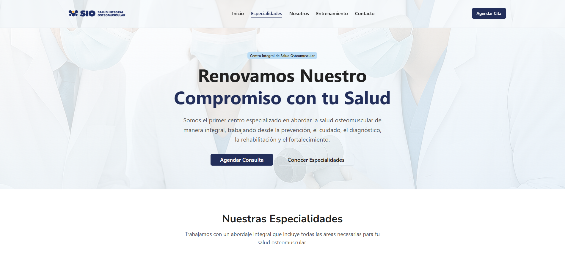 SIO Salud - Centro Integral de Salud Osteomuscular homepage showing medical services and appointment booking